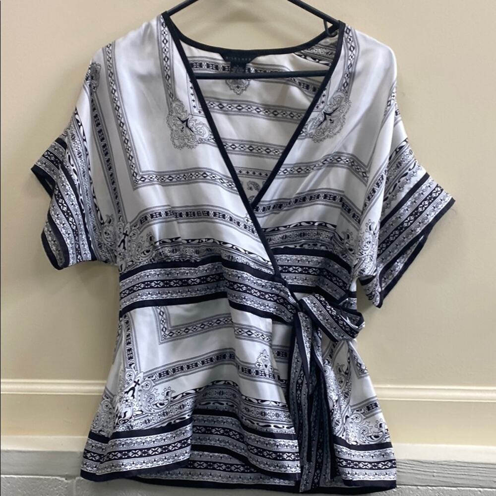 SilkLand White and Black Short Sleeve Wrap Blouse